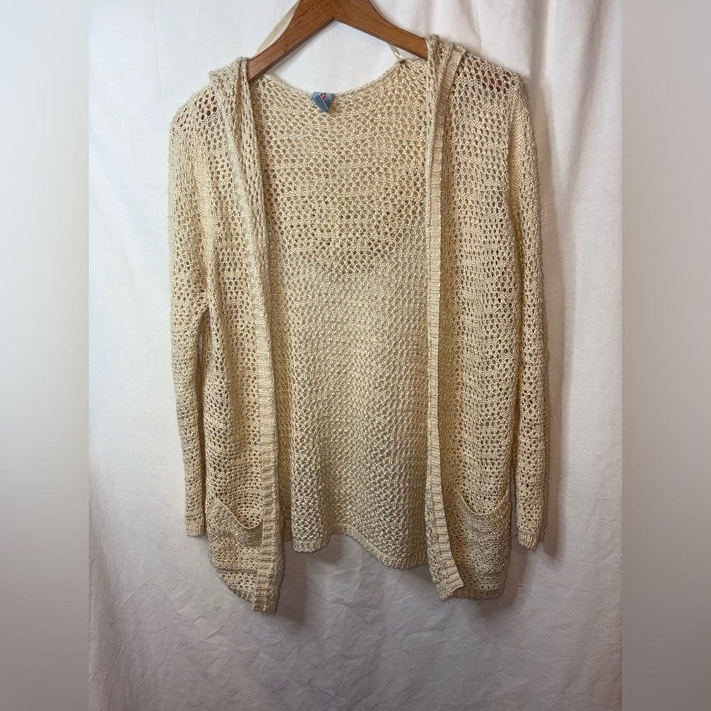 Pink Melo Cream Open-Knit Women's Sweater With Pockets Size Large